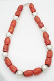 Large Chunky Sterling Silver and Coral Beaded Necklace, Mexico