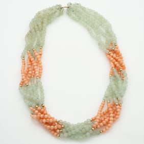 Vintage 14k Gold Coral Green Agate Torsade Necklace