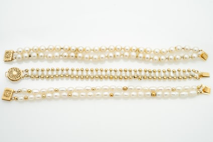Lot of 3 Vintage 14k Gold Cultured Pearl Bracelets