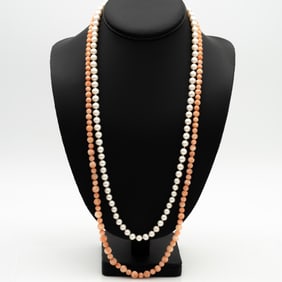 2, 14k Gold, Carved Coral and Pearl Necklaces