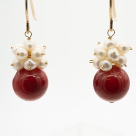 Pair of 14k Gold, Pearl, and Red Coral Bead Earrings