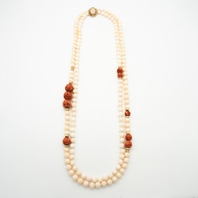 Vintage 14k Gold, Angelskin & Carved Coral Double Strand 36" Necklace