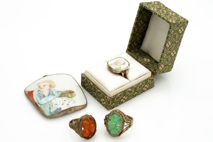 Group of Antique Chinese Silver Jewelry, Painted Tile Pendant, Ring and Two Carved Rings, Carnelian