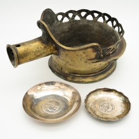 Chinese Export Silver Coin Dishes & Brass Silk Iron Scoop
