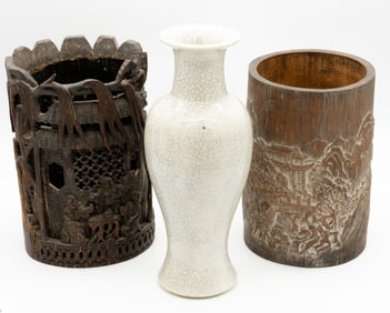 Lot of 3, Chinese Bamboo Brush Pots and Chinese Crackleware Porcelain Vase