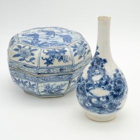 Lot of 2, Signed Hexagonal Blue and White Porcelain Box & Unsigned Bottle