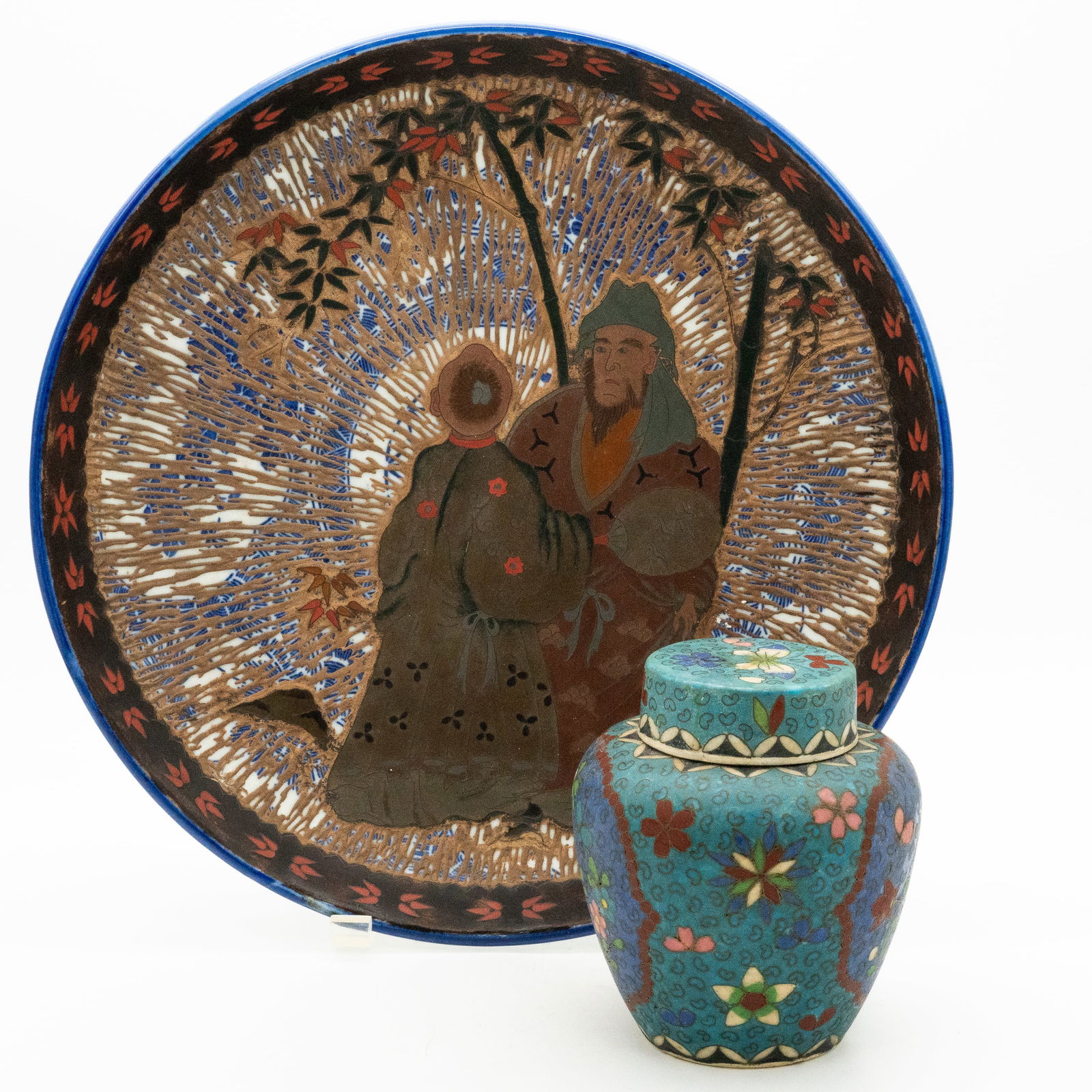 2 Antique Japanese Totai Cloisonné, Cha-Ire and Plate with Depiction of Two Figures (1 of 7)