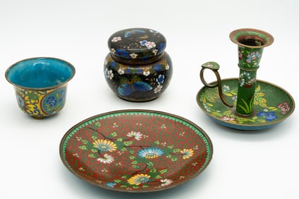 Collection of Vintage Cloisonné Enamelware: Plate, Jar, Chamberstick, and Cup with Floral Motifs