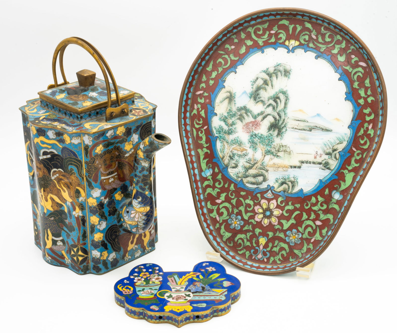 Lot of 3 Cloisonne, Teapot, Tray & Hanging Decoration (1 of 12)