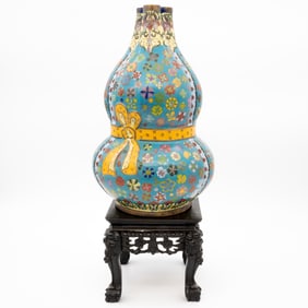Triple Gourd Cloisonne Vase with Wooden Stand
