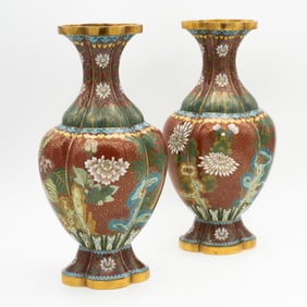 Lao Tian Li Signed Pair of 19/20th Century Late Qing Chinese Cloisonne Vase Lao Tian Li