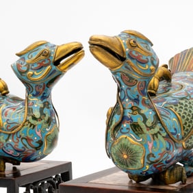 Pair of Cloisonne Ducks on Wooden Stands