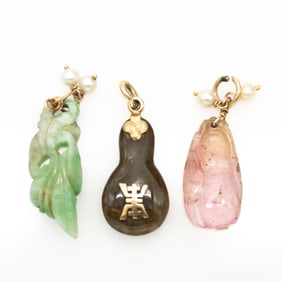 Lot of 3, Chinese 14k Gold Charms Jadeite, Nephrite, and Tourmaline
