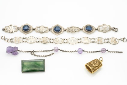 Group of 5 Chinese Jewelry Pieces, Carved Bracelet Pendant Brooch