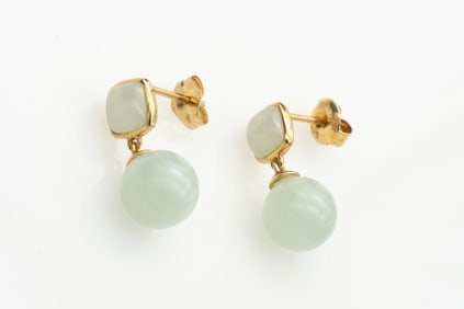 Pair of 14k Gold and Jade Drop Post Jade Earrings