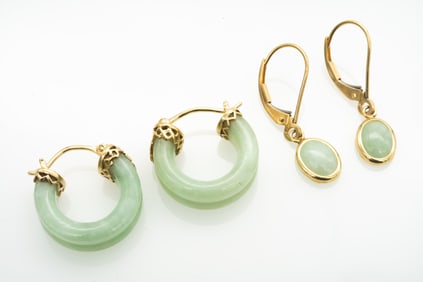 2 Pairs of Contemporary 14k Gold Jade Earrings