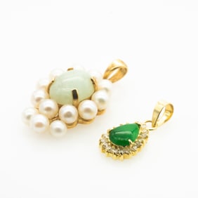 2 14k Gold Jade Pearl Diamond Pendants