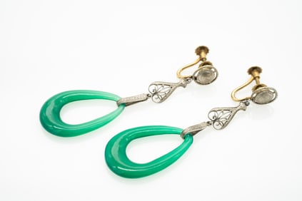 Pair of 14k Gold, Green Agate Filigree Earrings