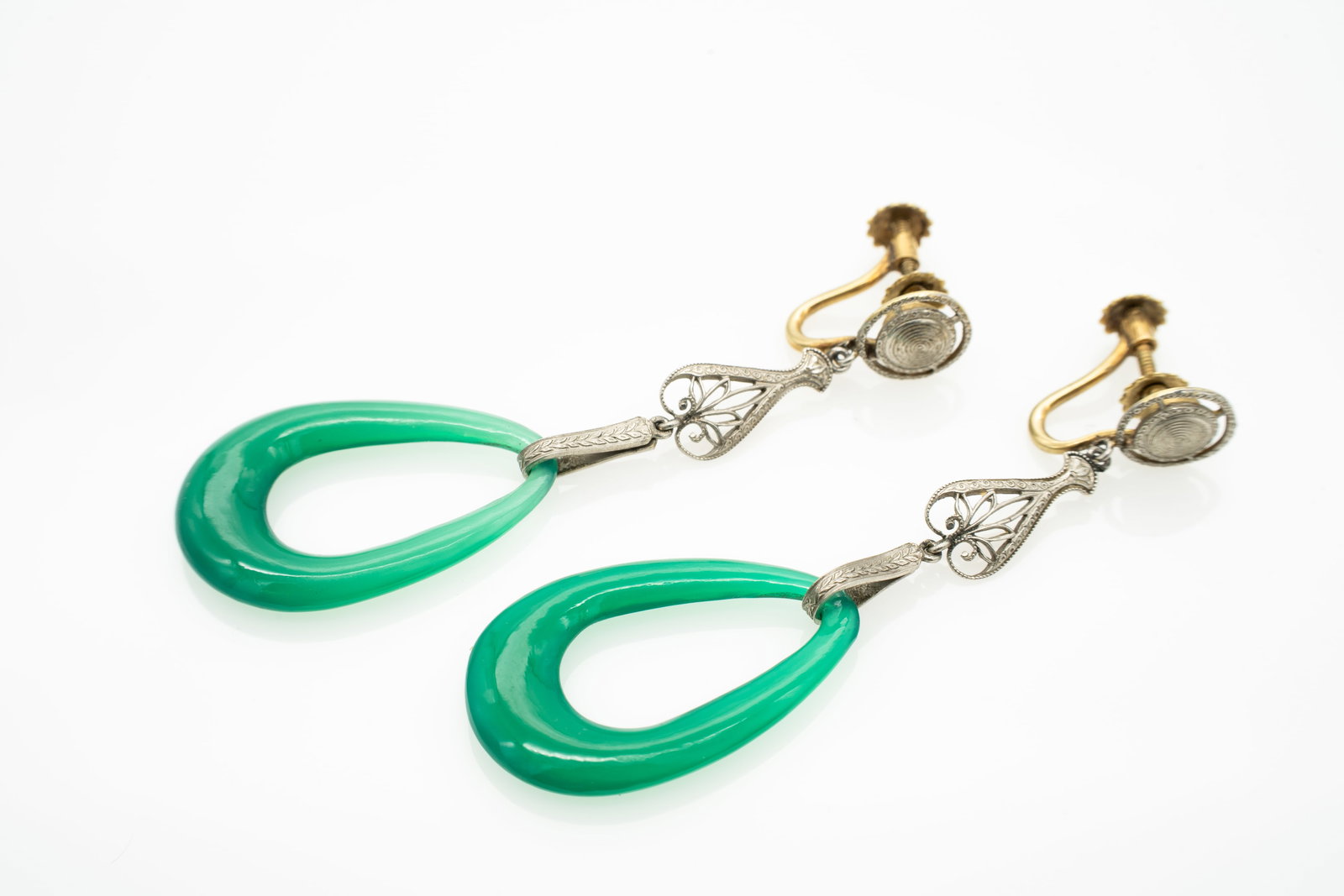Pair of 14k Gold, Green Agate Filigree Earrings (1 of 4)