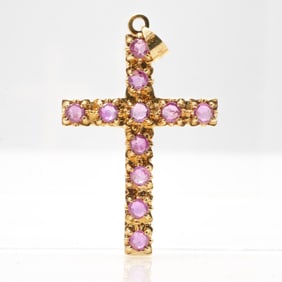 Vintage 18k Gold, and Pink Sapphire Cross Pendant