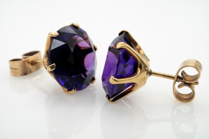 Vintage Large Retro 14k Gold and Amethyst Earrings