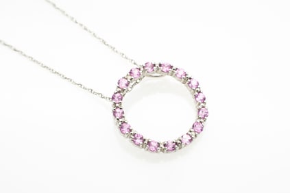 14k Gold Pink Tourmaline Circle Pendant and Chain