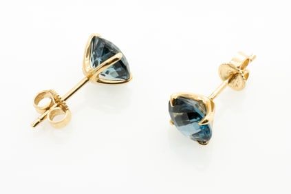 Vintage 14k Gold Checkerboard Blue Topaz Stud Earrings