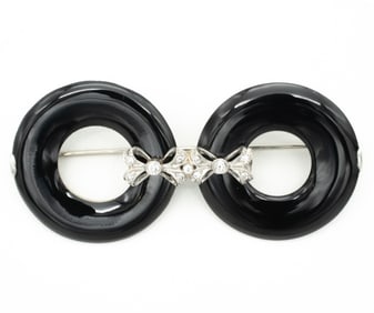 Vintage Art Deco Platinum Diamond (OM vs/gh) Double Onyx Circle Brooch 8.7g