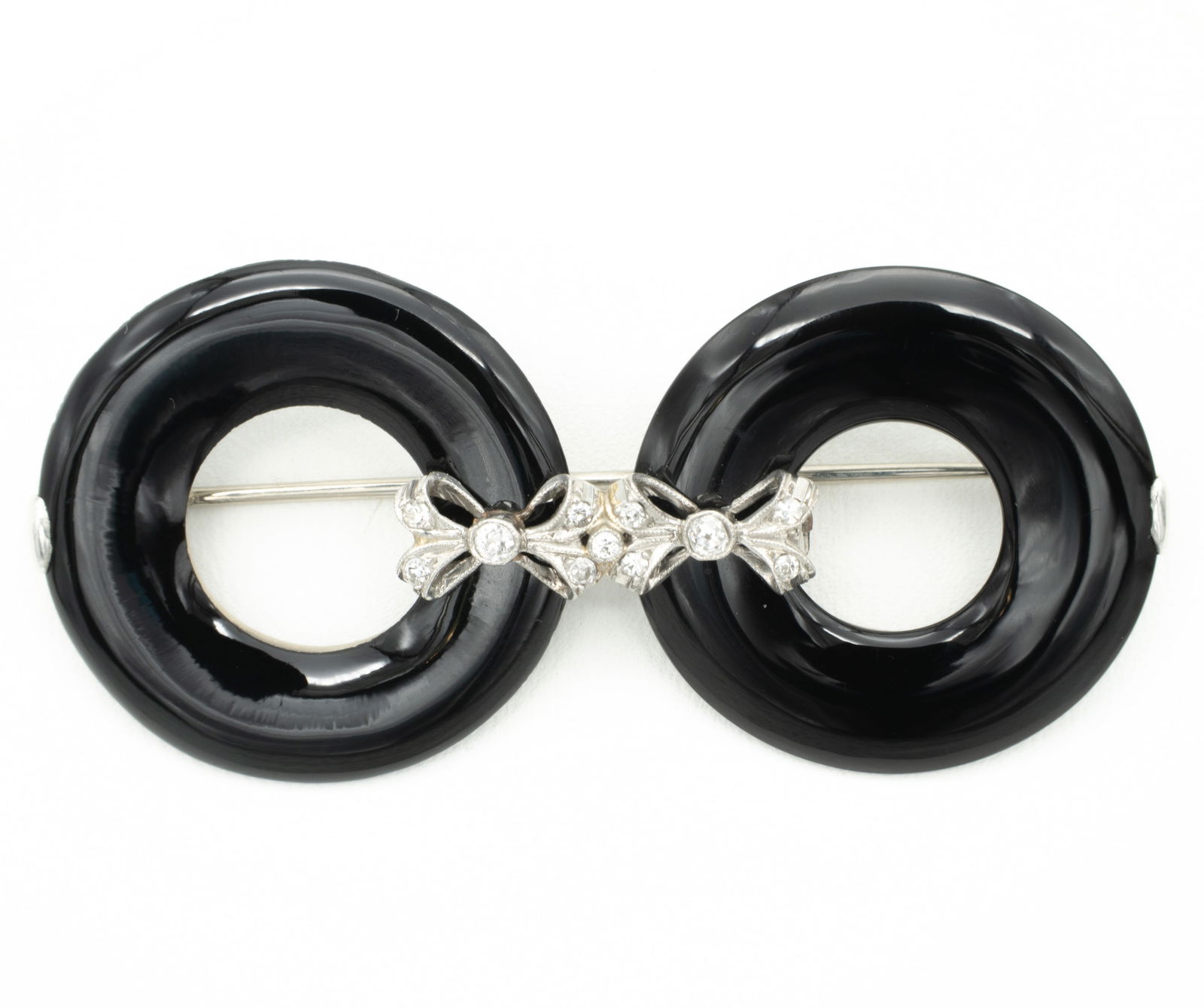 Vintage Art Deco Platinum Diamond (OM vs/gh) Double Onyx Circle Brooch 8.7g (1 of 2)