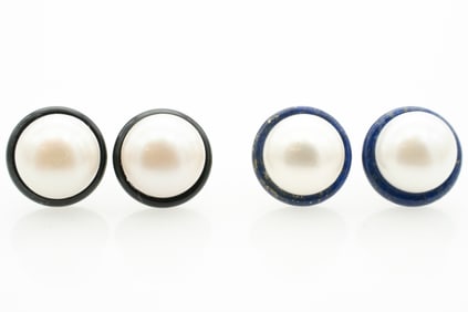 2 Pairs of 14k Gold Pearl Earrings with Black Onyx and Lapis