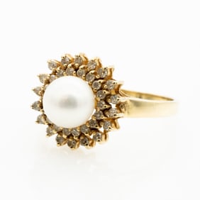 Vintage 14k Gold, Solitaire Pearl and Diamond Sun Ring