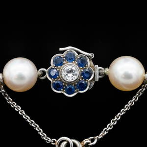 Antique Platinum, Sapphire, and Diamond 20" 9mm Pearl necklace