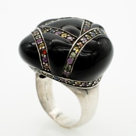 Rina Limor, Vintage Sterling Silver, Sapphire, and Enamel Calypso Ring