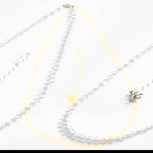 14k White Gold, 21 in., 6.5 mm Pearl Necklace and 18k Gold 7.5 mm South Sea Pearl Tie Tack: Lot 3 14k White Gold, 21 in., 6.5 mm Pearl Necklace and 18k Gold 7.5 mm South Sea Pearl Tie Tack Description: Necklace Stamped: 14KG Tie Tack Stamped: K18 Dimensions: Tie Tack Excluding Chain: .81