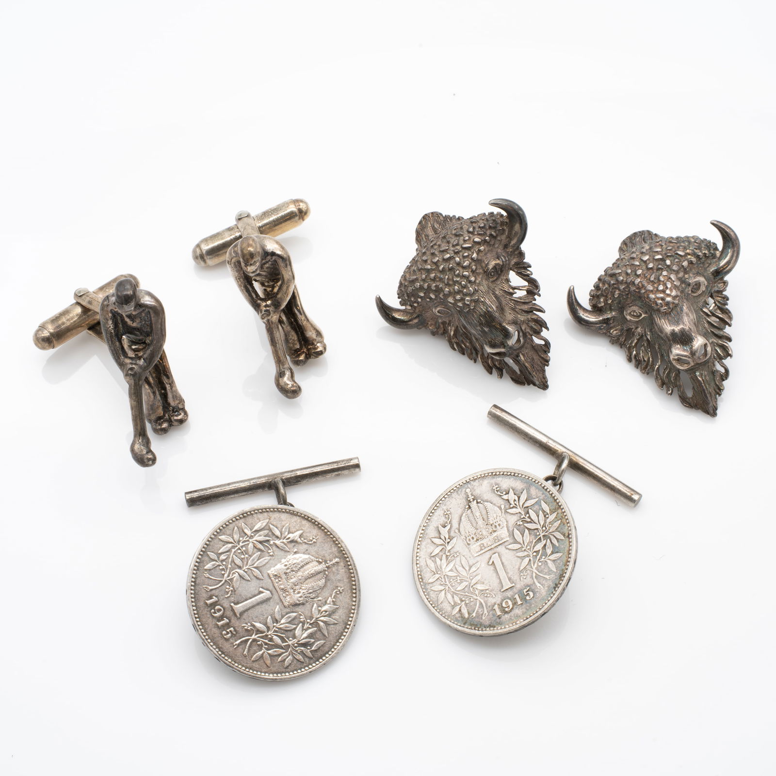 3 Pairs of Cufflinks, Vintage and Antique Silver, incl Articulated Golfer, and Buffalo (1 of 6)