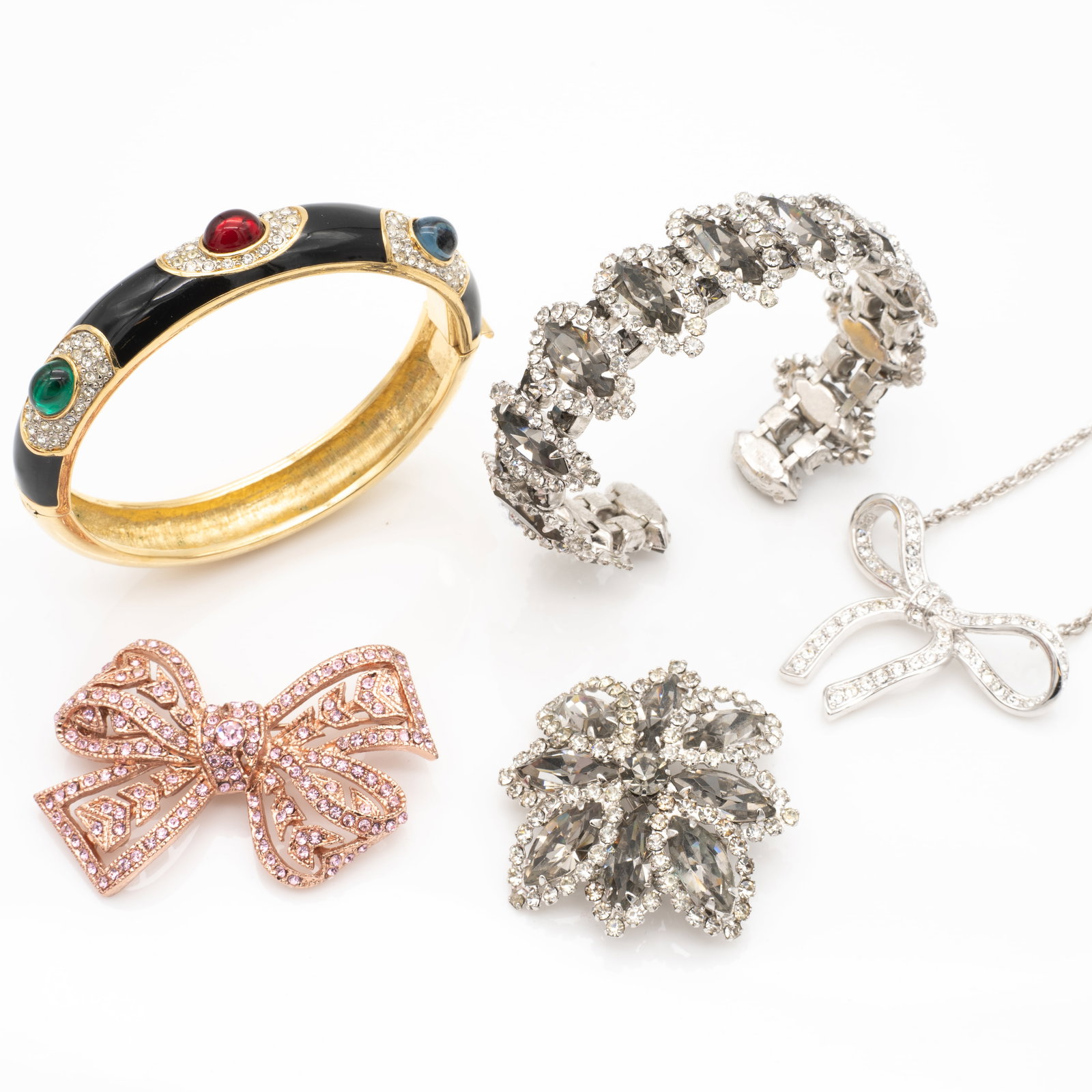 Vintage Lot of Costume Jewelry incl Kenneth Jay Lane, Weiss: Lot 31 Vintage Lot of Costume Jewelry incl Kenneth Jay Lane, Weiss Description: Includes two Kenneth Jay Lane bag/box, and ephemera. Ribbon Pendant Stamped: CHINA / [copyright] KJL Pink Ribbon Brooch 