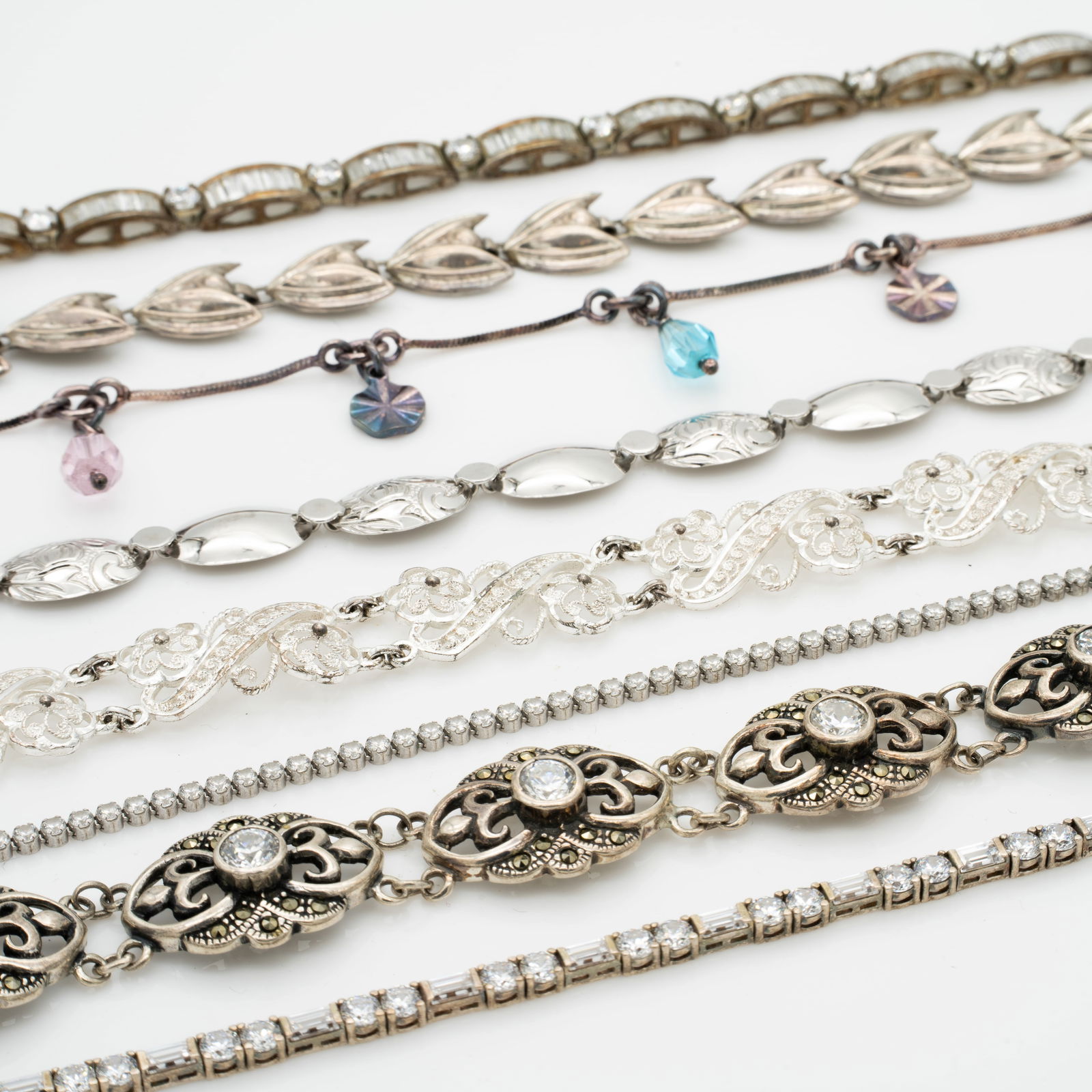 Lot of 8 Vintage Sterling Silver Bracelets Incl Cubic Zirconia Tennis Bracelets (1 of 10)