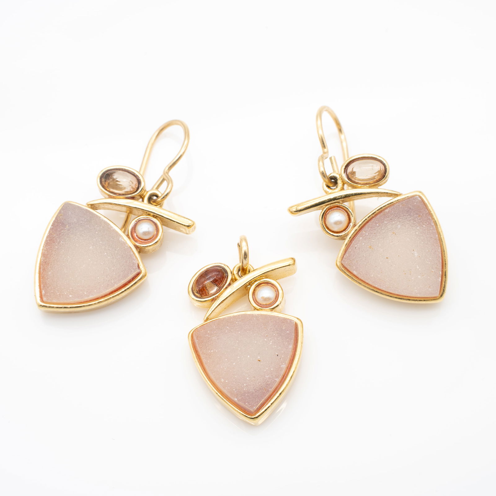 SAW 925 Vintage Earrings Pendant Set Druzy Quartz Pearl and Citrine (1 of 4)