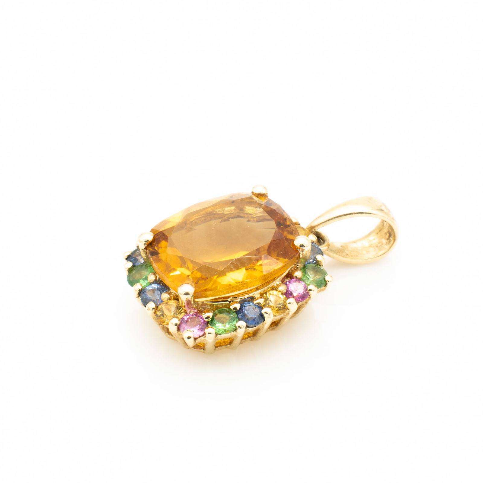 14k Gold, Citrine, Emerald, and Sapphire Pendant, 2.1 g: Lot 53 14k Gold, Citrine, Emerald, and Sapphire Pendant, 2.1 g Description: Bail Stamped: 14K / RI CHINA Material: 14k Gold, Citrine, Sapphire, Emerald Dimensions: Including Bail: .79 x