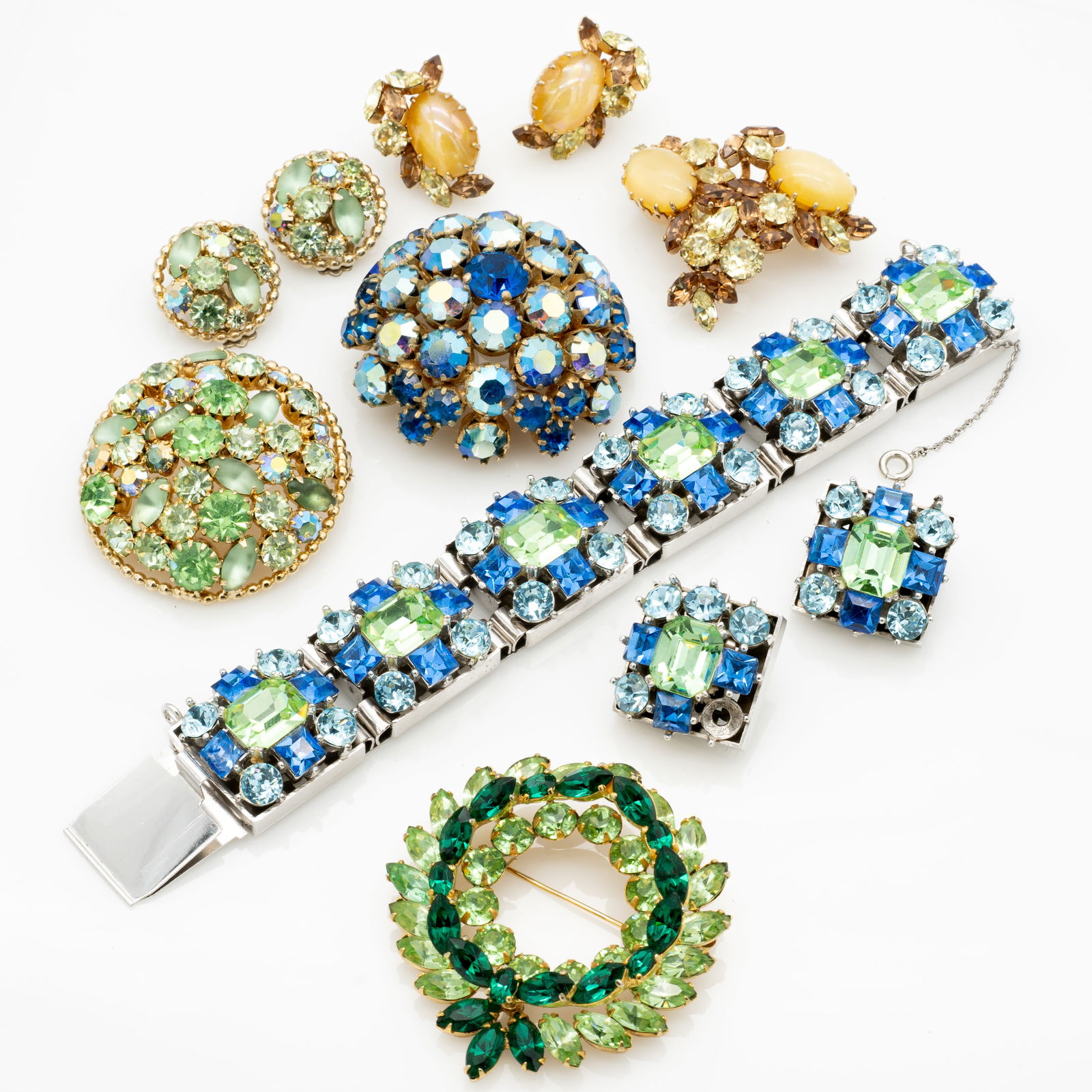 Mid-Century Vintage Colored Rhinestone Lot, Bracelet, Brooches, and Earrings, Kramer, Warner, Etc (1 of 13)