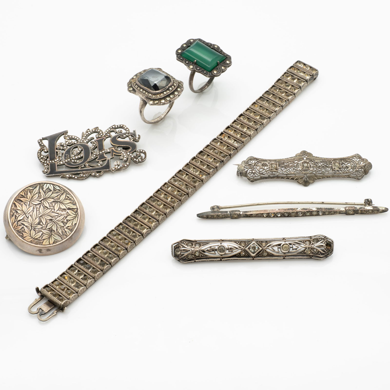 Antique Jewelry Silver Lot incl Art Deco Marcasite Agate Leach Miller (1 of 13)