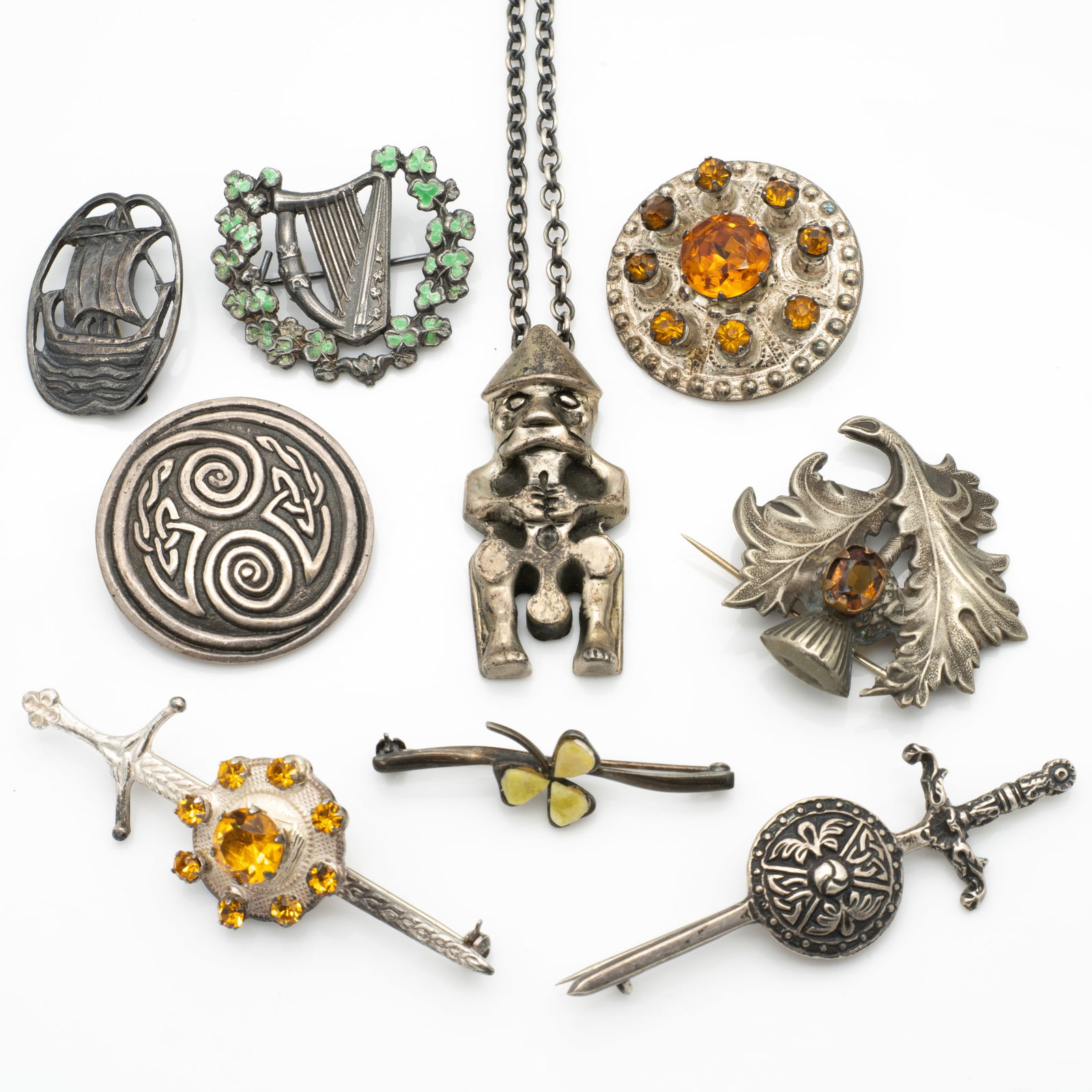 Group of Irish, Scottish, and Viking Revival Sterling Silver Brooches and Pendants Incl. Citrine, (1 of 9)