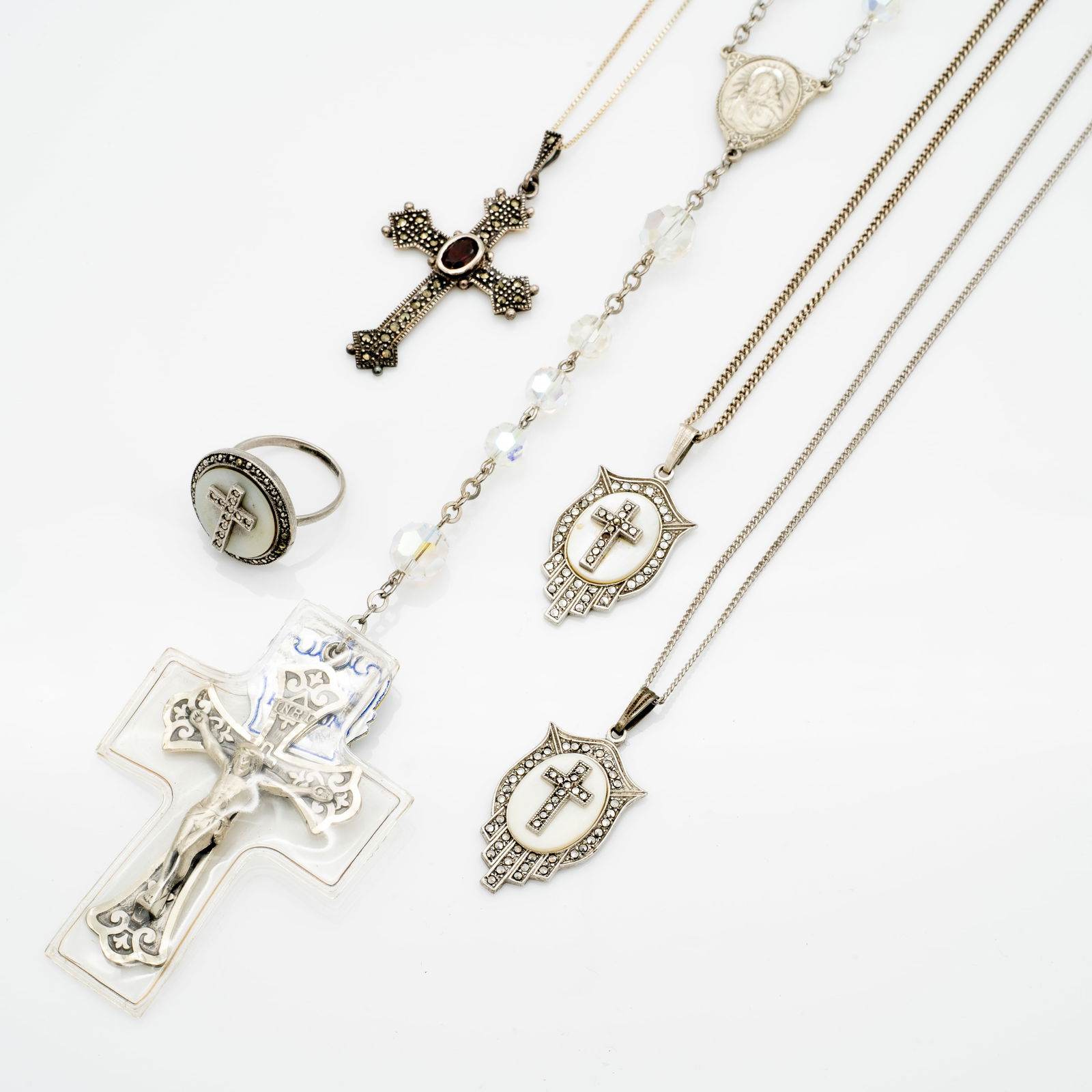 Sterling Silver Devotional Jewelry Lot, Marcasite, Garnet, and Rosary (1 of 11)