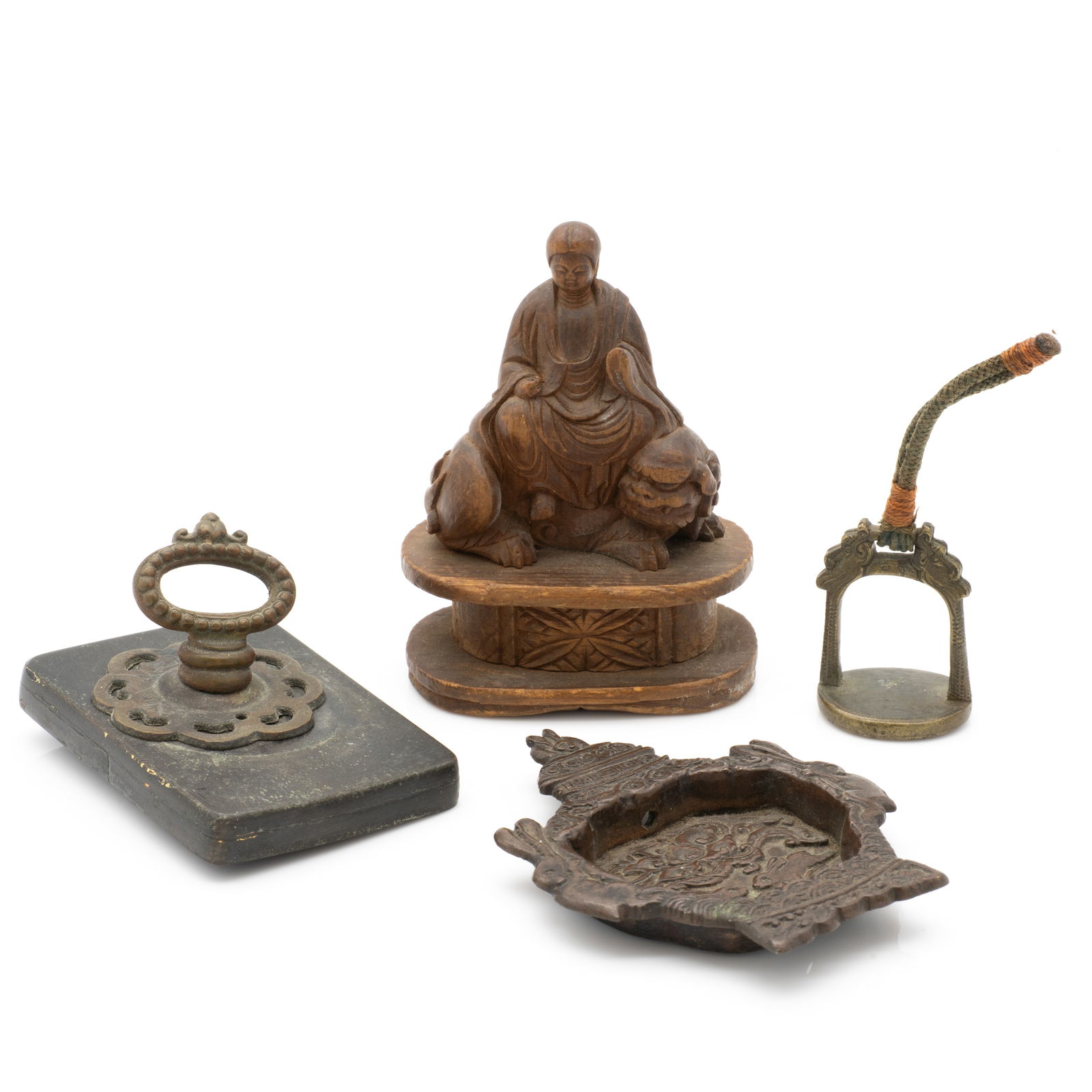 Lot of Antique Asian Decorative Objects Incl Wood Carving: Lot 131 Lot of Antique Asian Decorative Objects Incl Wood Carving Description: Four objects: Small metal rabbit tray Unknown metal object with handle Feng Shui Double Dragon miniature stirrup Carved F
