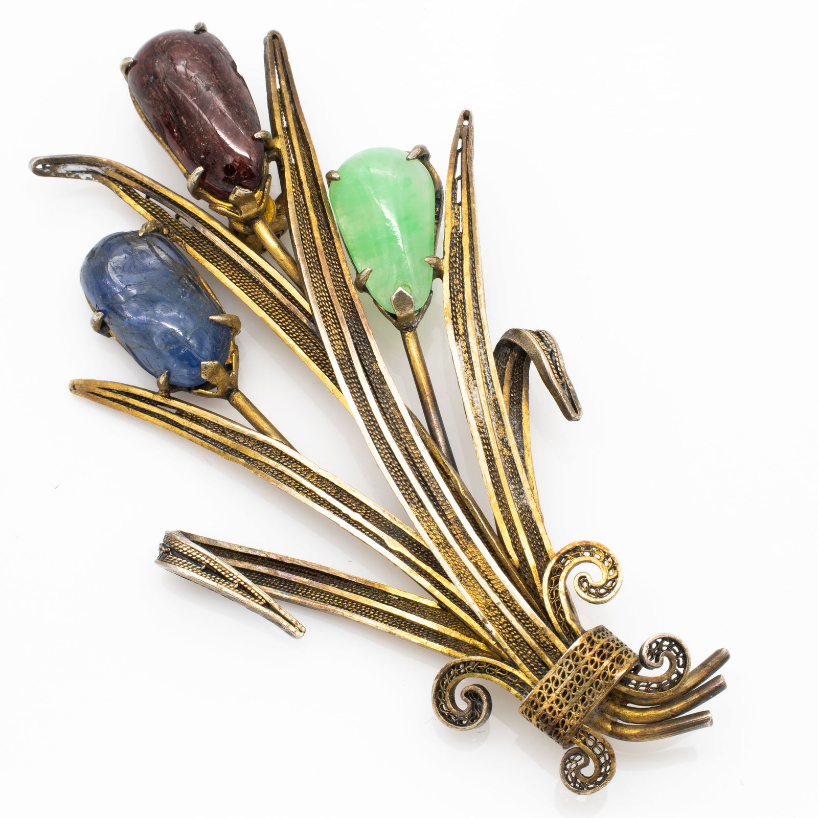 Antique Chinese Silver Gilt Filigree Jadeite, Ruby, Sapphire Brooch (1 of 5)