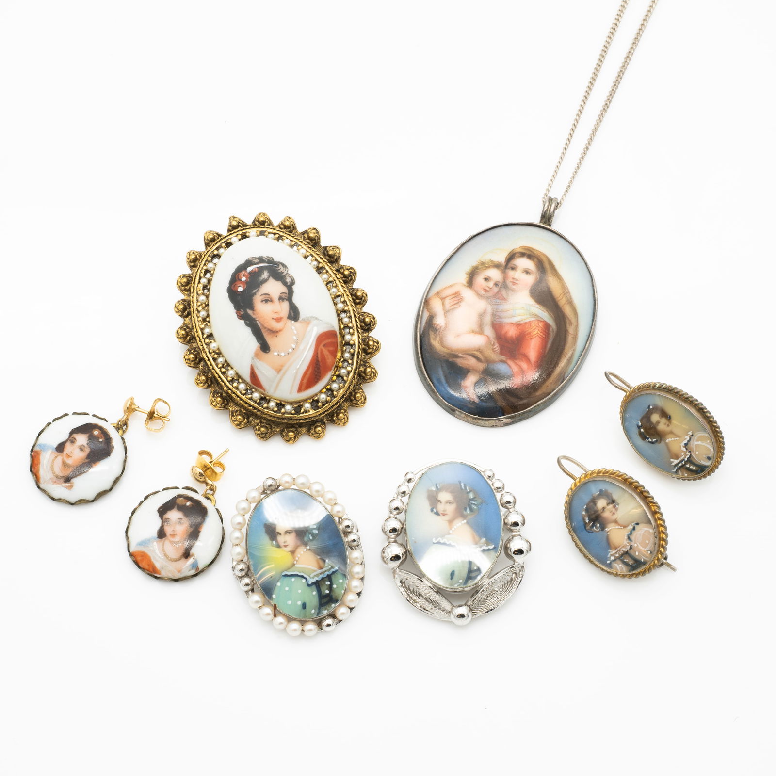 Vintage Mid-Century Hand Painted Miniature Portrait Brooches, Earrings and Pendant (1 of 5)