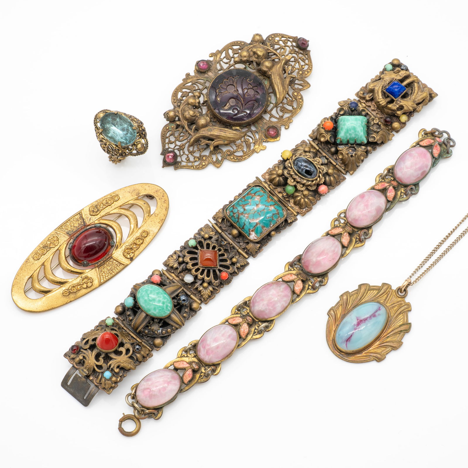 Group of Antique Early 20th Century Ornate Brass Filigree Jewelry (1 of 17)