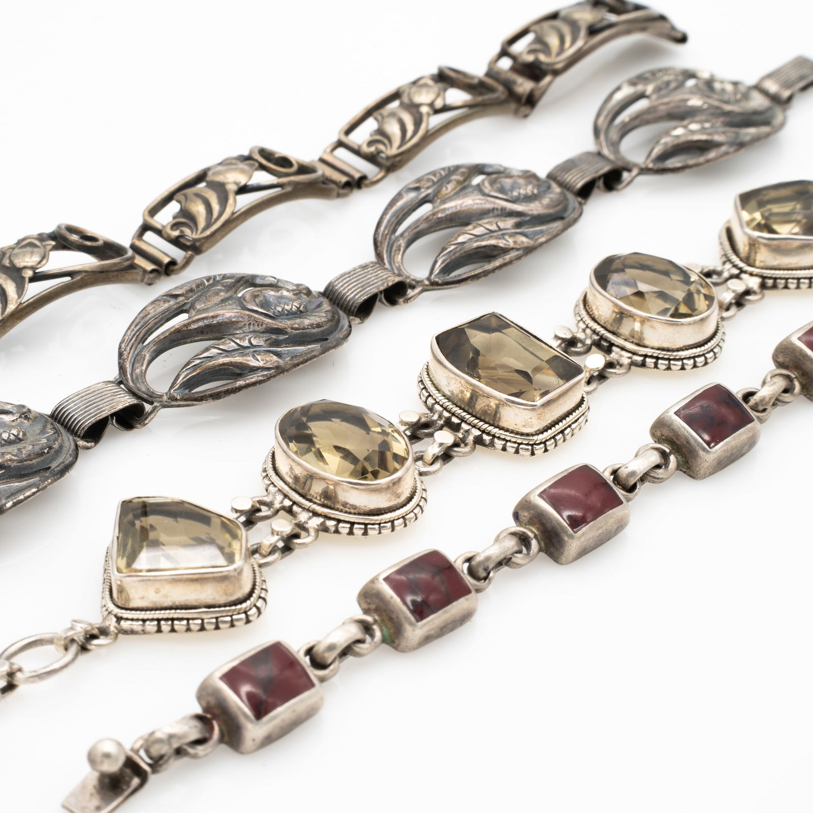 4 Vintage Mid-Century Art Deco Sterling Silver Contemporary Jeweled Bracelets, Big Smoky Quartz (1 of 7)