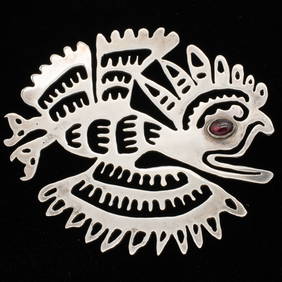 Large Mexican Sterling Silver Garnet Bird Dragon Pendant and Brooch for Restoration (1 of 5)
