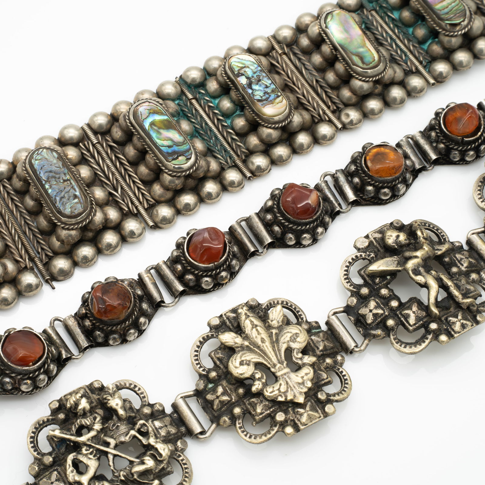 3 Vintage Mid-Century Silver SP Ornate Bracelets, Abalone and Carnelian (1 of 4)
